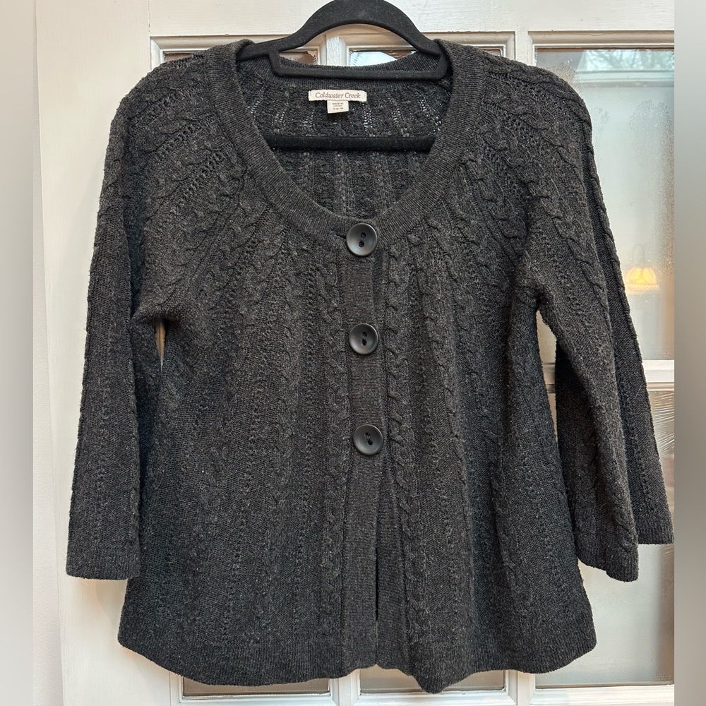 Coldwater Creek Charcoal Grey Button-Up Sweater Cardigan Cable Knit Size S